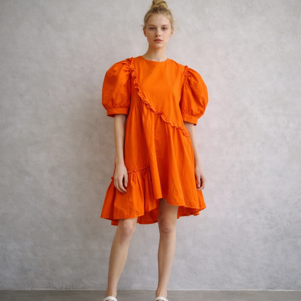 N By Nancy Orange Puff Sleeve Babydoll Dress Asymmetrical Ruffle Oversized Mini